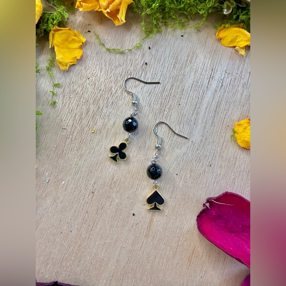 ♠️ Handmade Black Onyx & Card Suit Charm Earrings ♣️ - Picture 3 of 4